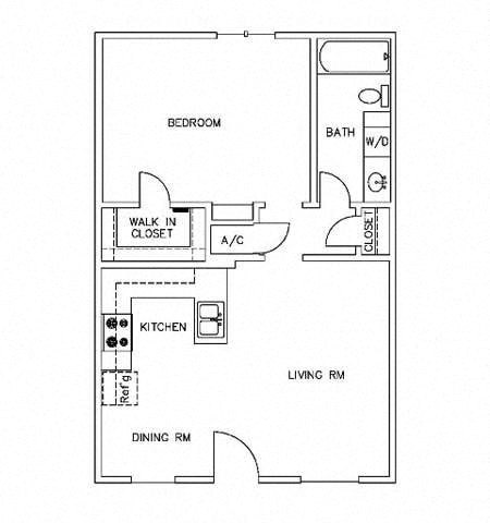 Floor plan for 1 bed, 1 bath, 596 sqft